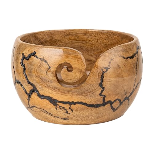 Mangowood Yarn Bowl for Crocheting, Large 7x4 inch Cute Crochet Wooden Yarn Holder & Knitting Gadgets Supplies, Gifts for crocheters Handmade Bowl with Fractal Burning & Black Resin Inlay (M-Black) - color: M-Black
