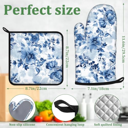 Blue White Porcelain Flower Oven Mitts and Pot Holders Sets 4 Pcs Vintage Floral Silicone Kitchen Gloves Heat Resistant Potholders for Baking Grilling BBQ - color: Porcelain Flower