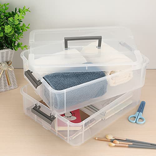 BTSKY 2 Layer Stack & Carry Box, Plastic Multipurpose Portable Storage Container Box Handled Organizer Storage Box for Organizing Stationery, Sewing, Art Craft, Jewelry and Beauty Supplies Dark Grey | Multipurpose Craft Organizers and Storage for Organizi