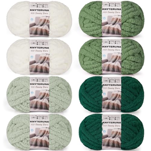 Chunky Yarn for Hand Knitting, #10 Chunky Blanket Chenille Yarn, Large Bulky Thick Jumbo Yarn, Super Chunky Knit Yarn for Crocheting, 8 Skein (8 oz 22 yds Each Skein), White & Multi Green - color: Cream & Sage & Smoky Green & Forest Green