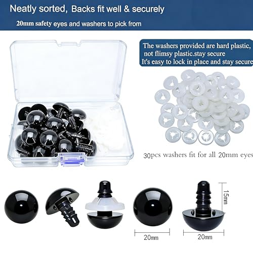 Thalinfayi 20mm Solid-Black Safety Eyes Craft Eyes for Amigurumi Crocheting | 60pcs Plastic Crochet Eyes and Washers for DIY Stuffed Plush Animals & Handmade Crafts ,Gloosy Smooth Surface, Even Color - size: 20mm