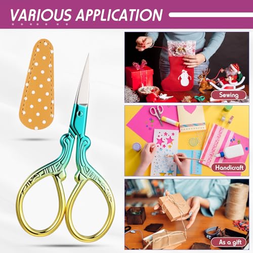Honoson 4 Pcs Small Embroidery Scissors, 3.6", Simple, Chic Colors | Sewing Scissors with Leather Cover, Sharp Tip for Needlework Cross Stitch Crochet Knitting Craft, Stainless Steel Stork Shear - color: Chic Colors