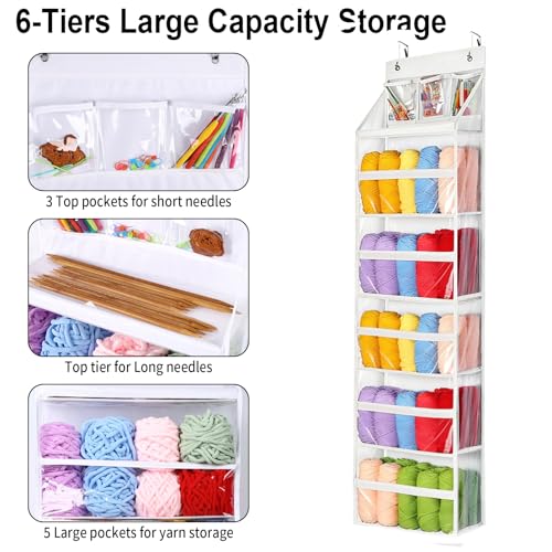 Hanging Yarn Storage Organizer - 6 Tiers Over the Door Yarn Crochet Organizer Shelves with 3 Top Knitting Needle Pockets, Large Capacity Clear Yarn ball Holder for Knitting Supplies