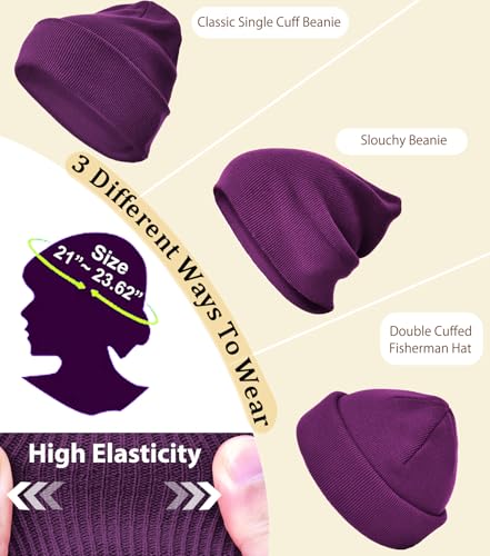 100% Cotton Beanie Hat Winter Hats Women Men Warm Knit Beanies | Double Layer Warmth ,Ultra-Soft Itch-Free Pure Cotton Knitted, Cuffed & Uncuffed Fisherman Slouchy Skull Cap for Womens Mens - color: 1pcs Purple