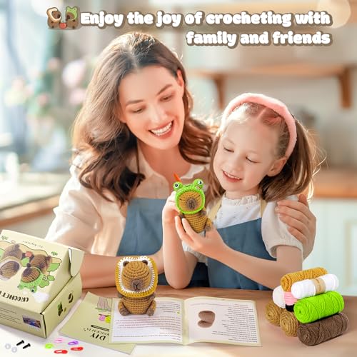 2PCS Capybara Crochet Kit for Beginners Starters Crocheting Kit for Adults | 2PCS Capybara with Frog and Bread Hats Crochet Animal Kit with Step-by-Step Video Tutorials, Animal Knitting Kit for Birthday - color: Brown Capybara Hats