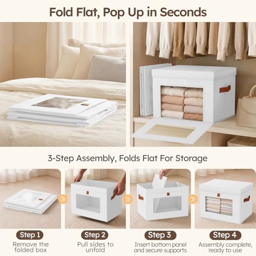 Homsorout Storage Bins with Lids - Front Opening Storage Box with Clear Window & Handles, Stackable Foldable Fabric Bins for Closet Organization, Clothes, Sweaters, Towels, Blankets, 3 Pack, White - color: White, size: Medium - 3 Pack