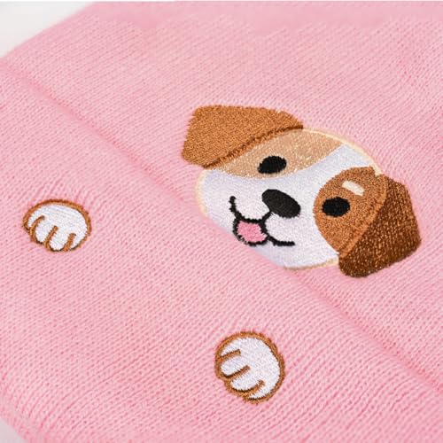 Personality Animal Head Embroidery Knit Beanie Hat for Adult and Big Kids Winter Warm Skull Cuffed Hats - color: Dog-pink