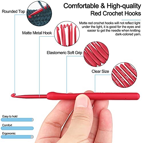 Coopay Red Crochet Hooks, Soft Crochet Hook Set for Arthritic Hands | 9pcs 2.0-6.0mm Soft Touch Crochet Needles Ergonomic Soft Grips for Beginners/Professionals, Exquisite Crocheter Gifts - color: Red