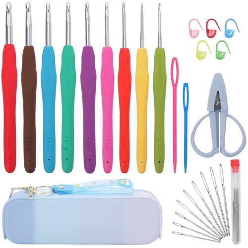 Crochetbox Crochet Hooks Set, 9 Size 2mm(B)-6mm(J) Ergonomic Handles Crochet Hooks with Case for Arthritic Hands, Kintting Needle with Crocheting Tool for Crocheters - size: 9 Size(2~6mm)(blue case)