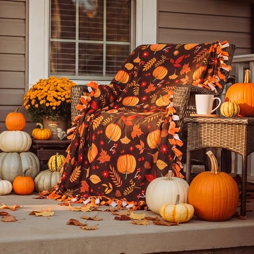 Chumia 2 Pcs/1 Set Fall No Sew Fleece Blanket Craft Kit 57 x 57 in Autumn Thanksgiving Pumpkins Maple Leaf DIY Tie Fleece Blanket Gifts for Fall Autumn Thanksgiving Holiday Sofa Home Decoration - style: Fall