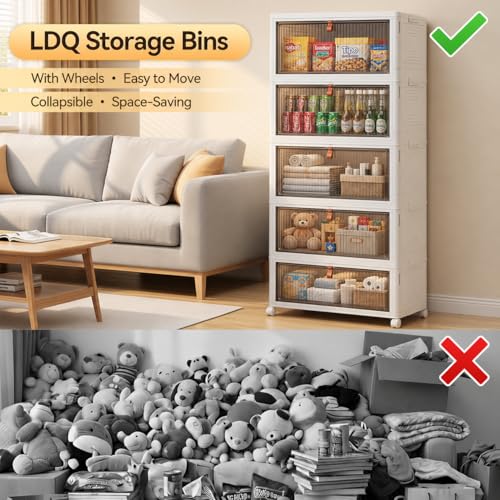 LDQ 170 Qt Large Storage Bins with Lids, 5 Tier Stackable Storage Cabinet with Wheels & Clear Doors, Foldable Plastic Closet Organizer for Bedroom, Bathroom & Kitchen - size: 5-layers