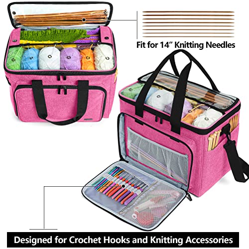 Teamoy Knitting Bag, Yarn Storage Organizer Crochet Bag Tote, Pink | Yarn Holder with Inner Divider(Sewn to Bottom) for Crochet Hook, Knitting Needles(Up to 14"), Project and Crocheting Supplies - color: Pink