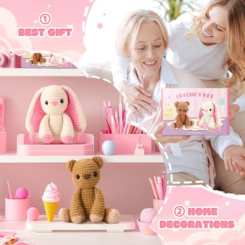 Bunny and Bear Crochet Kit for Beginners 2PCS Crochet Starter Kit for Adult | Beginner Crochet Kit with Step-by-Step Video Tutorials, Bunny Crocheting Kit, Animal Knitting Kit for Birthday - color: Pink Rabbit Brown Bear