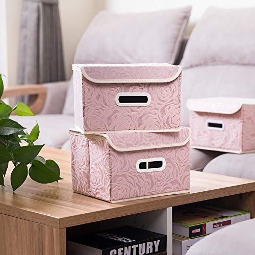 PRANDOM Foldable Storage Boxes with Lids [5-Pack] Fabric Decorative Storage Bins Cubes Organizer Containers Baskets with Cover Handles Divider for Bedroom Closet Living Room Pink 9.8x7.9x6.7 Inch - color: Pink, size: Small(5-Pack)