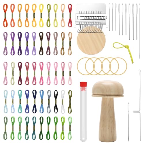 Windspeed Darning Mushroom for Socks Darner Kit | with 14 Hooks Small WeavingLoom 9 Large Eye Needles 50 Colors Thread, Socks Sewing Supplies, Ideal DIY Socks Handicraft