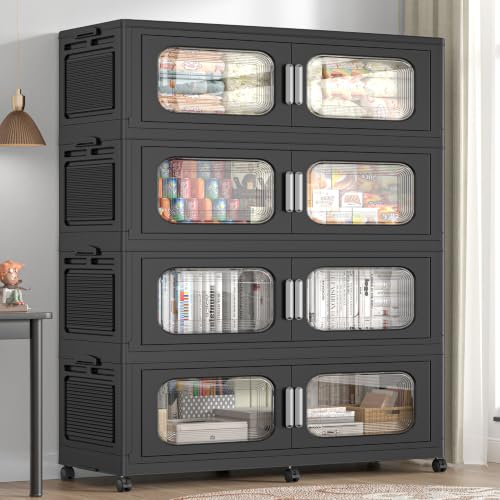 200Gal Extra Large Stackable Storage Bins with Doors & Wheels & Lid, 200QT/50GAL 4-Tiers Collapsible Plastic Drawers Boxes Closet Organizers Containers for Home Kitchen Bedroom, Black - color: Black, size: 50Gal-4Pack
