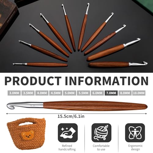 Lunarm Crochet Hook 7.0mm Ergonomic Crochet Aluminum Hook Wood Handle | Available in 3mm-10mm for Arthritic Hands DIY Craft Knitting Bouquets, Blankets, Hats, Gloves from Various Yarns - size: 7.0mm