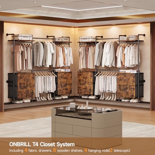 ONBRILL T4 Wall Mounted Closet System with 4 Large Drawers & 4 Hanging Rods | Adjustable from 4'4'' to 5'9'', Industrial Pipe Clothing Rack with 8 Wood Shelves, Heavy Duty Closet Organizers, Rustic Brown - color: Rustic Brown