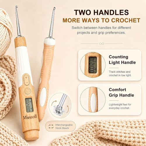 Lighted Crochet Hook Set, Crochet Hooks with Stitch & Row Counter, 18 Sizes | Rechargeable LED Light for Low-Light Crocheting, Handy Crochet Accessories, Mother's Day and Birthday Gifts for Crocheters