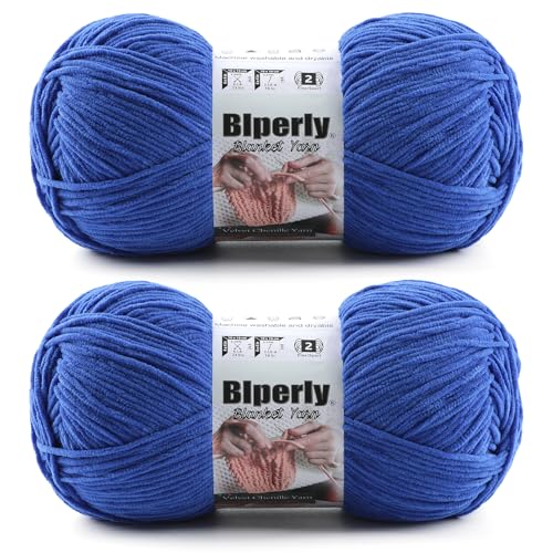 Skinny Chenille Yarn for Crocheting, #2 Blue Soft Baby Blanket Fluffy Yarn | 2 Pack of 314 Yds, 3.5 Oz Sport Fingering Weight Fine Yarn, Plush Thin Velvet Yarn for knitting Blankets, Amigurumi Yarns - color: Blue