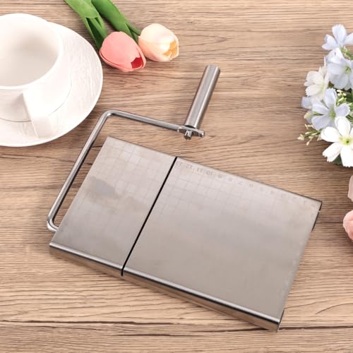 Penitue Cheese Slicer Board with 5 Replacement Wires, Stainless Steel Block Cheese Cutting Board Butter Slicing Cutter Kit with Measurement Grid Non-Slip Feet for Butter Fruits & Vegetables