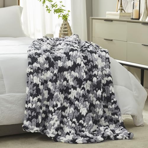 Chenille Chunky Knit Throw Blanket for Couch 50"x60", Space-Dyed Black | Handmade Chenille Crochet Throw for Sofa Bed, Thick Cable Knitted Blankets for Room Home Decor, Birthday Gift for Women - color: Black&white, size: 50"x60"