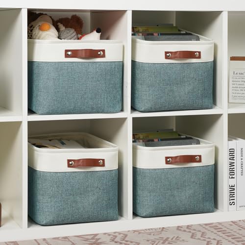 DULLEMELO Storage Baskets for Shelves, Fabric Collapsible Rectangular Storage Bins for Shelves, Closets, Nursery, Home, Office, Empty Gift Baskets (4-Pack-15"*11"*9.5", White&Deep Green) - color: White&Dark Green, size: L-15"x11"x9.5"