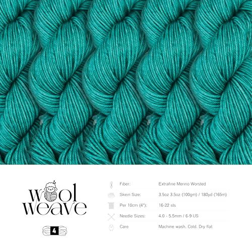 Woolweave Worsted Weight Yarn - 100% Extrafine Merino Wool Yarn for Knitting & Crocheting - Hand Dyed, Ultra-Soft & Warm - 100g Skein, 180 Yards - Machine Washable - color: Emerald Sea