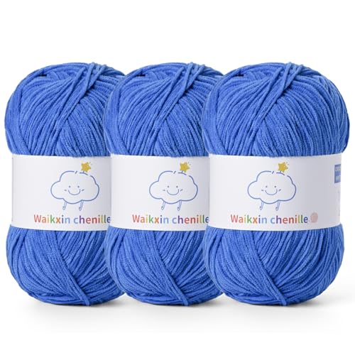 Fluffy Chenille Yarn for Crocheting，Baby Yarn for Crocheting Soft，3 Pack of 100g/3.5oz Velvet Amigurumi Yarn ，Fingering Weight Yarns for Crocheting Baby Blankets、DIY Craft.(3 Blue) - color: 3 Blue
