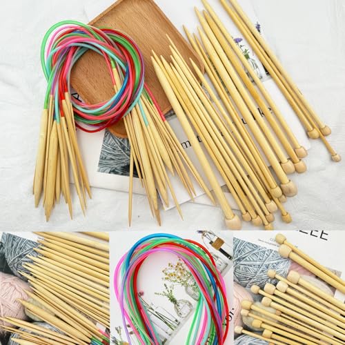 Hobekoee Knitting Needles Set,18 Sizes 2mm-10mm | 36 PCS 9.8" Straight Single Pointed Bamboo Knitting Needles ＆ 18 Pairs 31.5” Bamboo Circular Knitting Needles Set