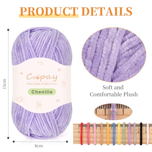 Coopay Skinny Chenille Yarn, Soft Yarn for Crochet & Knitting, Purple | Crochet Yarn Set - 600g Total, Soft Velvet Yarn for Colorful Crafts, Blankets, Plush Dolls, Decorative Handmade Works - color: Pure Purple, size: #2 Thin