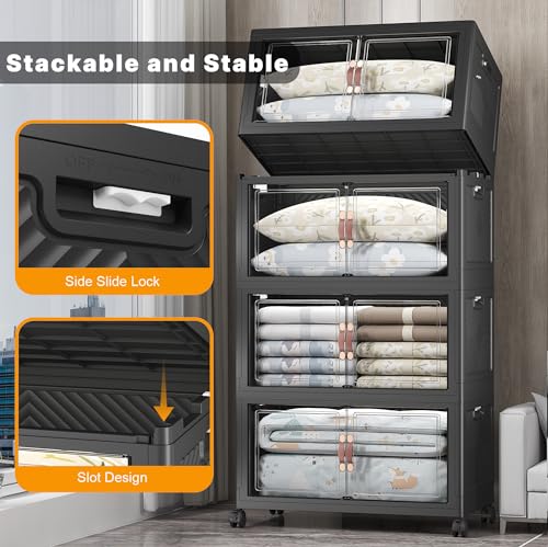 UAMFURI Stackable Storage Bins, 1440QT Collapsible Drawers with 2 Lids | Large Capacity, Magnetic Door, Stack Lock, Rolling Wheels, Foldable Design, Organizers and Storage for Bedroom Dorm Garage - color: Dark-175QT, size: 8Pack with 2 top lids