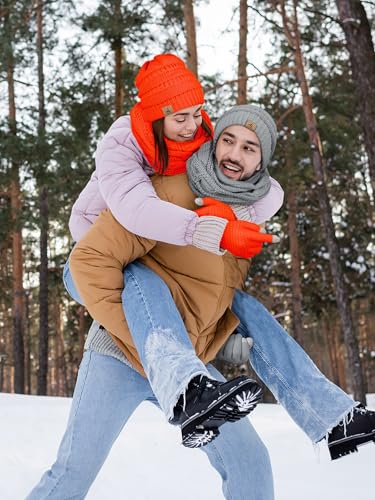 LOROME Winter Beanie Hat Scarf Gloves, Warm Fleece Knit Neck Scarf Set Gift | Hats Gloves Scarf Set, Touchscreen Gloves, Universal Size Neck Scarf Set Winter Gifts for Unisex Adult Winter Wear - color: Fluorescent Orange