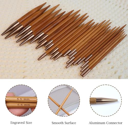 Yarniss Bamboo Circular Knitting Needle with Flexible Cable 3.5mm~10.0mm | 13 Pairs Interchangeable Knitting Needles with Case,4-Inch Round Knitting Needle US Size 2.5~15 - color: Multicolor