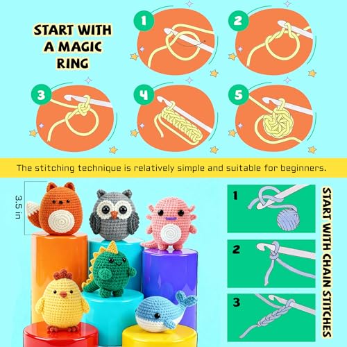 Joyclub Crochet Kit for Beginners 6 Animal Family with Video for Adults | Amigurumi animal with step-by-step video and 40% extra yarn for first projects crochet starter; DIY gifts for adult crafters - color: Colorful Animal