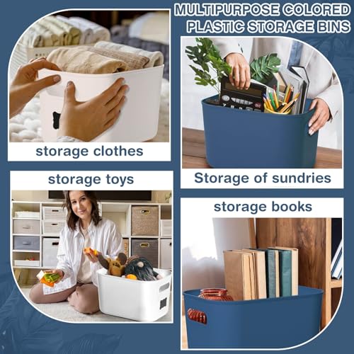 Thyle 12 Pack Blue White Plastic Storage Bins with Lids, Back to School Stackable Storage Container with Handle Label for Organizing Toy Craft for Classroom Shelf Bedroom Office 10 x 7 x 6 Inch - color: Blue, White