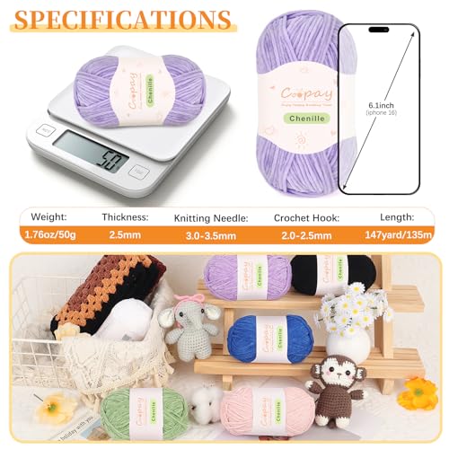 Coopay Skinny Chenille Yarn, Soft Yarn for Crochet & Knitting, Purple | Crochet Yarn Set - 600g Total, Soft Velvet Yarn for Colorful Crafts, Blankets, Plush Dolls, Decorative Handmade Works - color: Pure Purple, size: #2 Thin