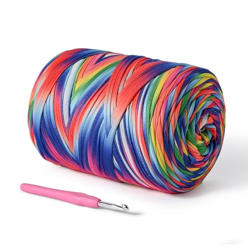 (800g/228yds) T Shirt Yarn, Soft Tshirt Crochet Yarn for Crafts and DIY Knitting Crocheting Cloth/Bag/Basket/Coaster, 100% Polyeste Elastic Fabric Chunky Thick Yarns for Crocheting (Rainbow) - color: Rainbow