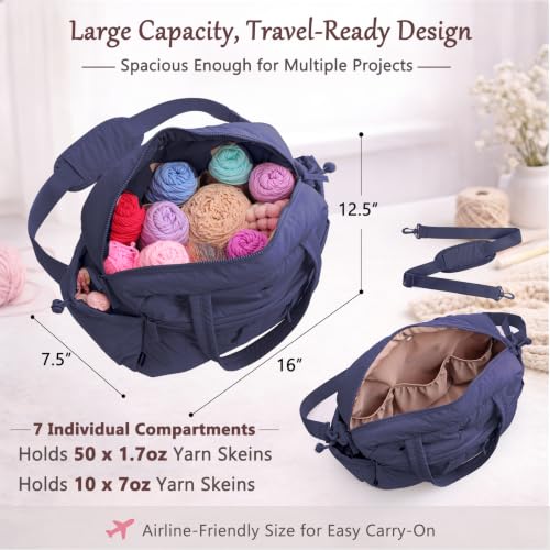MYBAGZING Stylish Crochet Bag Organizer with Crochet Hook Case, Large Capacity Yarn Bag for Crocheting on the Go, Soft Quilted Crochet Tote with 7 Compartments, Knitting Project Carry-On Travel Gift - color: Navy