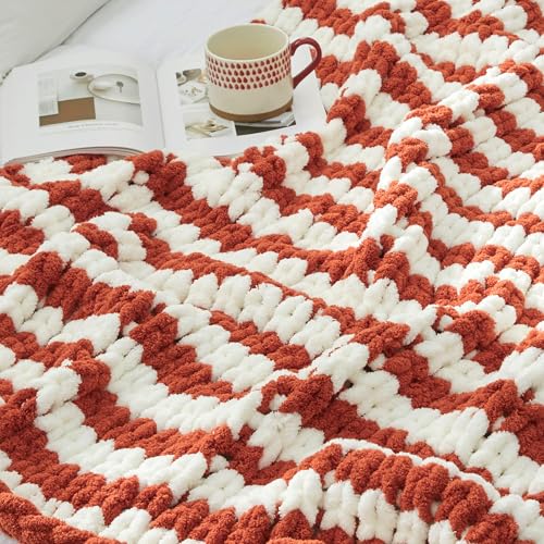 Chunky Knit Throw Blanket for Couch 50"x60", Burnt Orange & White Striped | Handmade Chenille Crochet Throw for Sofa Bed, Thick Cable Knitted Blankets for Room Home Decor, Birthday Gift for Women - color: Burnt Orange/White Stripe, size: 50"x60"
