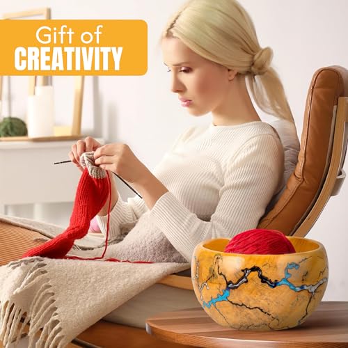 Wooden Yarn Bowl for Crocheting, 7x4inch Large Yellow Teak Crochet Holder Gift Accessories and Knitting Gadgets Supplies Handcrafted with Fractal Wood Burning & Blue,White,Black Resin Inlay (H-Multi) - color: H-Multi