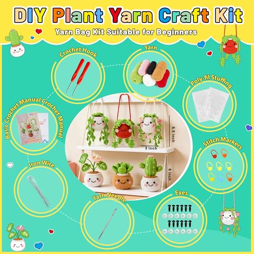 Joyclub Crochet Kit for Beginners 6 Fake Plants with Video for Adults | 6 Pcs fake hanging potted plants family with video guidance and supplies; decor-inspired projects for adult crochet learners - color: Colorful Plant