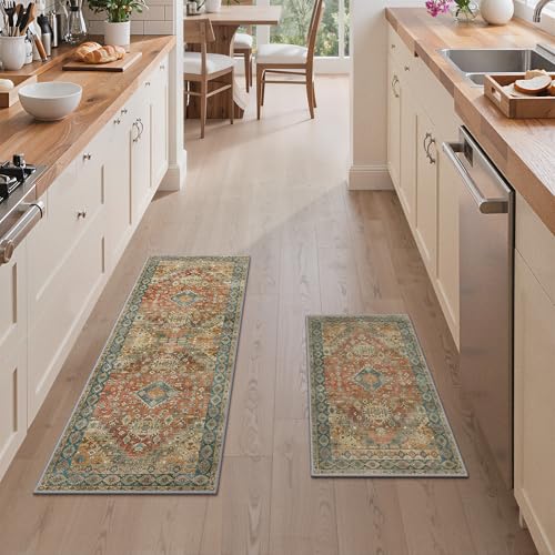 GENIMO Kitchen Rugs Set of 2, Washable Non Slip Cushioned Mats for Floor | 20"x32"&20"x48", Retrobrick vintage boho rug, soft faux cashmere, low pile, easy-clean for laundry, entryway, sink, farmhouse - color: Retrobrick, size: 20"x32"+20"x48"
