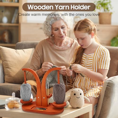 Wooden Yarn Holder, Yarn Ball Holder Wooden,Smooth Rotating Yarn Spinner with Double Spindles, Double Yarn Ball Holder Stand, Spinning Yarn Holder for Crochet Lovers