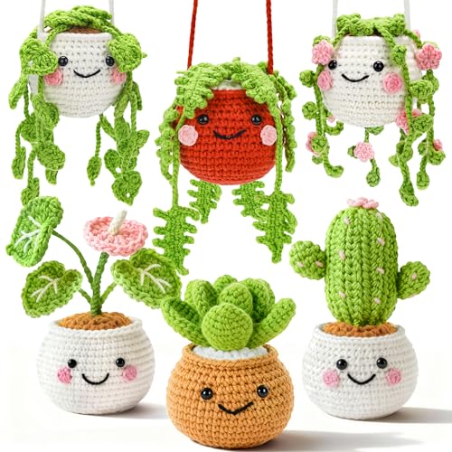 Joyclub Crochet Kit for Beginners 6 Fake Plants with Video for Adults | 6 Pcs fake hanging potted plants family with video guidance and supplies; decor-inspired projects for adult crochet learners - color: Colorful Plant