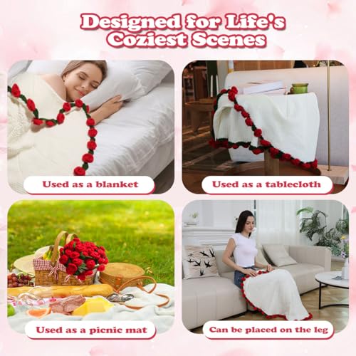 Rose Crochet Flower Bouquet Blanket, Handmade Knitted Throw Blanket | Christmas, Valentines, Mothers Day, Birthday, Anniversary Unique Red Rose Bouquet Gifts for Mom Wife Girlfriend, 43 Inch - color: White, size: Medium