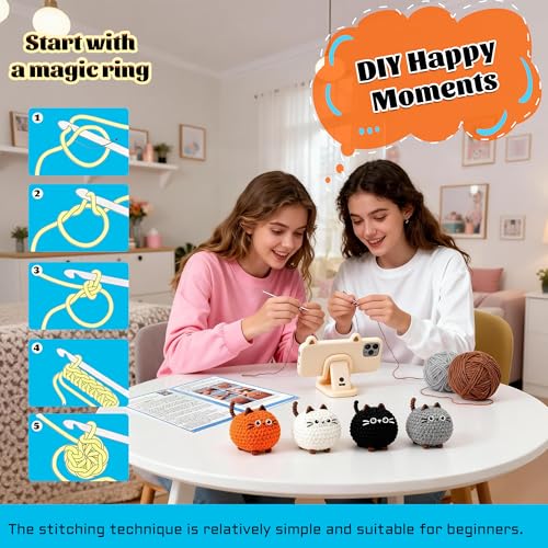 Joyclub Crochet Kit for Beginners 4 Cat Family with Video for Adults | Step-by-step video and 40% extra yarn support first projects for crochet starter; a amigurumi DIY gift for adult crafters - color: Crochet Cat