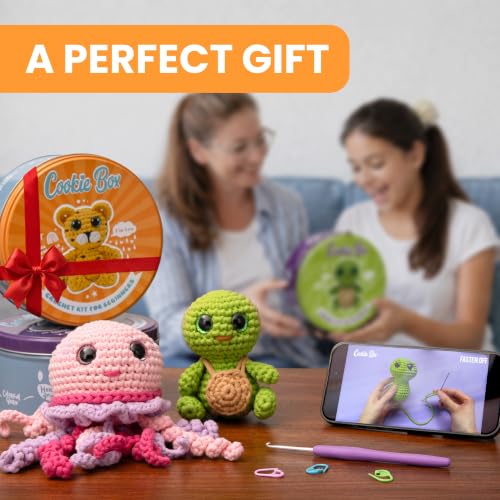 Cookie Box Crochet Kit for Beginners, Bear Bruno | All Materials Included, Step-by-Step Video Tutorials, PDF Patterns, Easy DIY Craft, Amigurumi and Knitting Gift Set - color: Brown