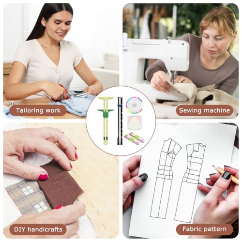 7 Pcs Sewing Gauge Measuring Tool, 5-in-1 T Sliding Gauge Ruler Seam Gauge | Fabric Quilting Ruler with 2 Tape and Sewing Pins, Sewing Measuring Tool for Seaming Hemming Knitting Crafting