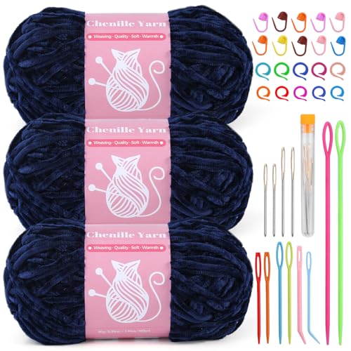 LUNARM Chenille Yarn for Crochet Knitting Chunky Blanket Velvet Yarn | 3 Pack 3.5oz/100g 486 Yard Navy Blue Chenille Yarn for Beginners Knitting Scarves with Big Eye Needles Machine Washable - color: Navy Blue